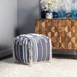 Buy โจ nuLOOM Hydra Denim Striped Fringe Filled Ottoman Pouf โญ
